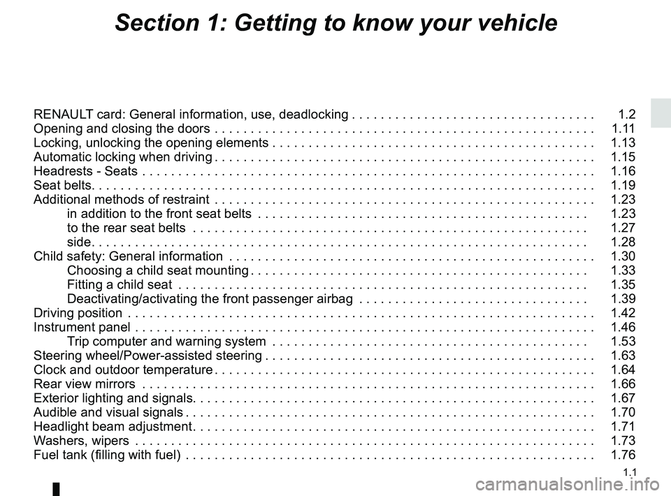 RENAULT CAPTUR 2018  Owners Manual 1.1
Section 1: Getting to know your vehicle
RENAULT card: General information, use, deadlocking . . . . . . . . . . . . . . . . . . . . . . . . . . . . . . . . . .   1.2
Opening and closing the doors 