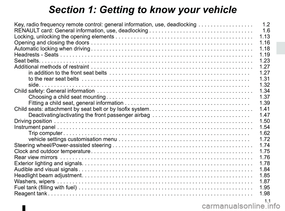 RENAULT KADJAR 2018  Owners Manual 1.1
Section 1: Getting to know your vehicle
Key, radio frequency remote control: general information, use, deadlocking  . . . . . . . . . . . . . . . . . .   1.2
RENAULT card: General information, use