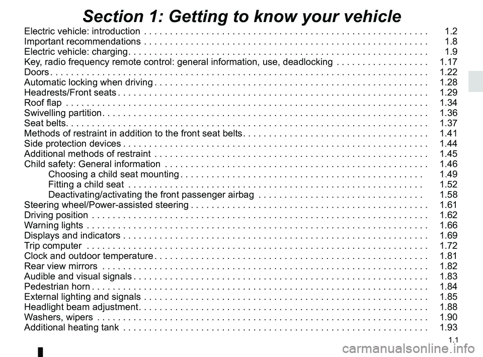 RENAULT KANGOO Z.E. 2018  Owners Manual 1.1
Section 1: Getting to know your vehicle
Electric vehicle: introduction  . . . . . . . . . . . . . . . . . . . . . . . . . . . . . . . . . . . .\
 . . . . . . . . . . . . . . . . . . .   1.2
Import