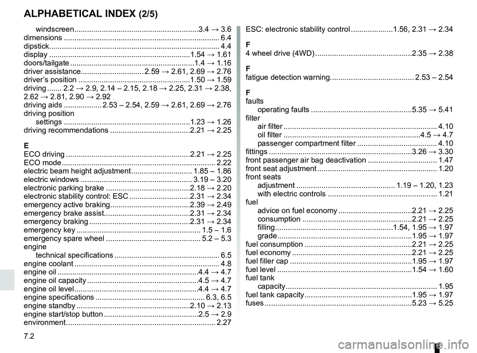 RENAULT KOLEOS 2018  Owners Manual 7.2
ALPHABETICAL INDEX (2/5)
windscreen ...........................................................3.4 → 3.6
dimensions .............................................................\
............. 6