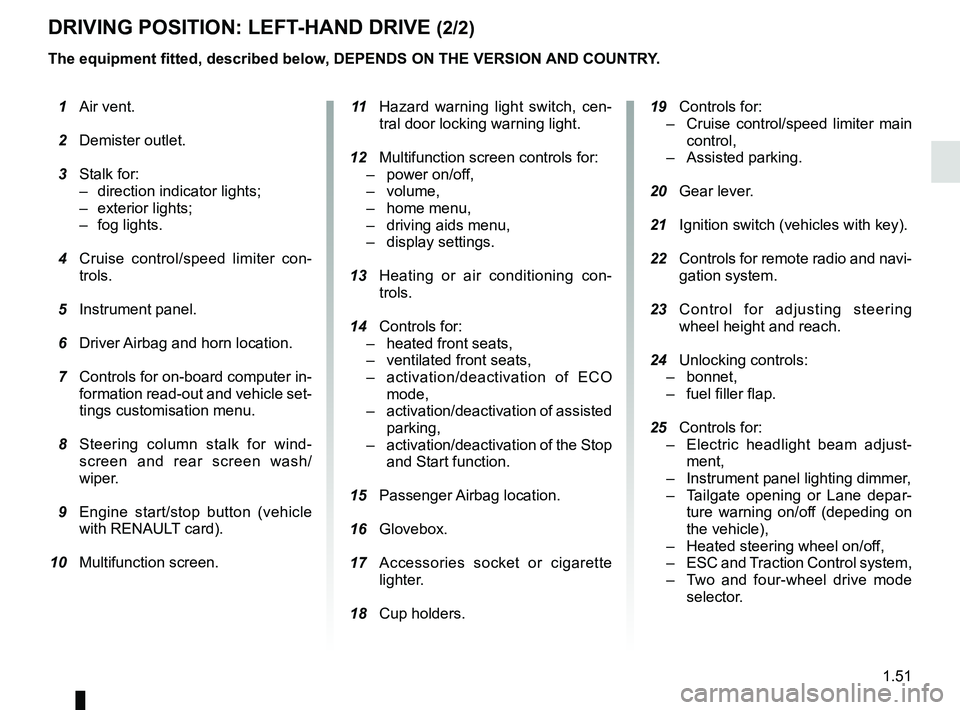 RENAULT KOLEOS 2018  Owners Manual 1.51
DRIVING POSITION: LEFT-HAND DRIVE (2/2)
The equipment fitted, described below, DEPENDS ON THE VERSION AND COUNTRY. 19 Controls for:
–   Cruise control/speed limiter main 
control,
– Assisted 