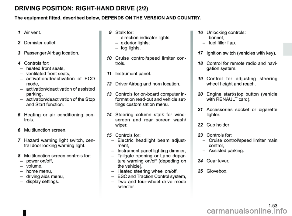 RENAULT KOLEOS 2018  Owners Manual 1.53
DRIVING POSITION: RIGHT-HAND DRIVE (2/2)
The equipment fitted, described below, DEPENDS ON THE VERSION AND COUNTRY.
 16 Unlocking controls:
– bonnet,
–  fuel filler flap.
  17  Ignition switc