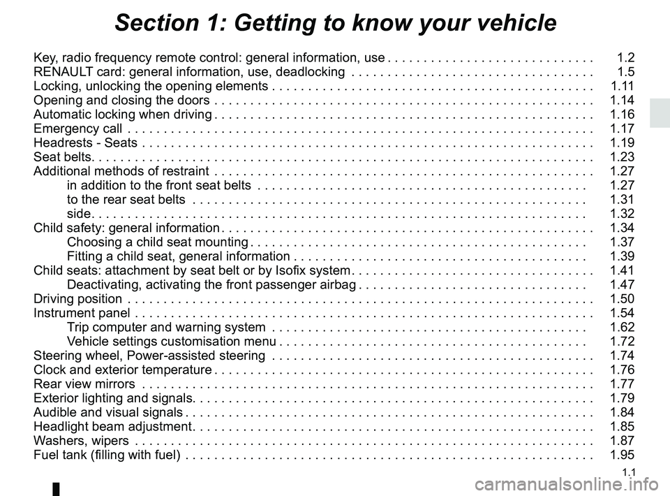 RENAULT KOLEOS 2018  Owners Manual 1.1
Section 1: Getting to know your vehicle
Key, radio frequency remote control: general information, use . . . . . . . . . . . . . . . . . . . . . . . . . . . . .   1.2
RENAULT card: general informat