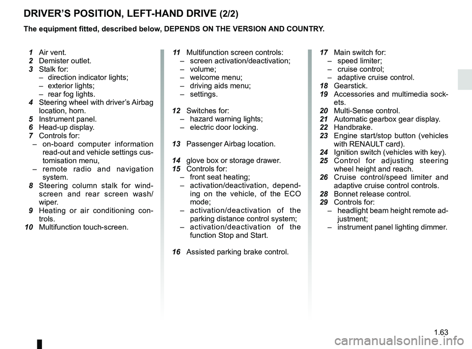 RENAULT SCENIC 2018  Owners Manual 1.63
DRIVER’S POSITION, LEFT-HAND DRIVE (2/2)
The equipment fitted, described below, DEPENDS ON THE VERSION AND COUNTRY.
 1 Air vent.
  2 Demister outlet.
  3 Stalk for:
–  direction indicator lig