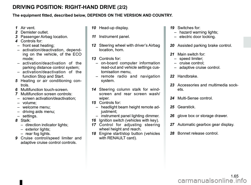 RENAULT SCENIC 2018  Owners Manual 1.65
DRIVING POSITION: RIGHT-HAND DRIVE (2/2)
The equipment fitted, described below, DEPENDS ON THE VERSION AND COUNTRY.
 10 Head-up display.
  11  Instrument panel.
  12  Steering wheel with driver�