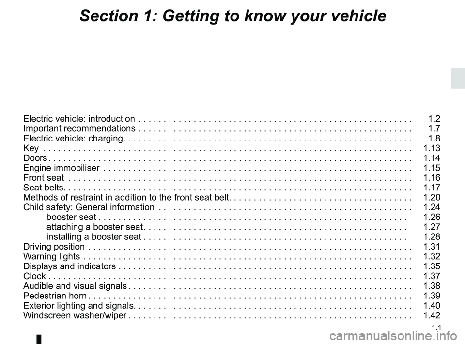 RENAULT TWIZY 2018  Owners Manual 1.1
Section 1: Getting to know your vehicle
Electric vehicle: introduction  . . . . . . . . . . . . . . . . . . . . . . . . . . . . . . . . . . . .\
 . . . . . . . . . . . . . . . . . . .   1.2
Import
