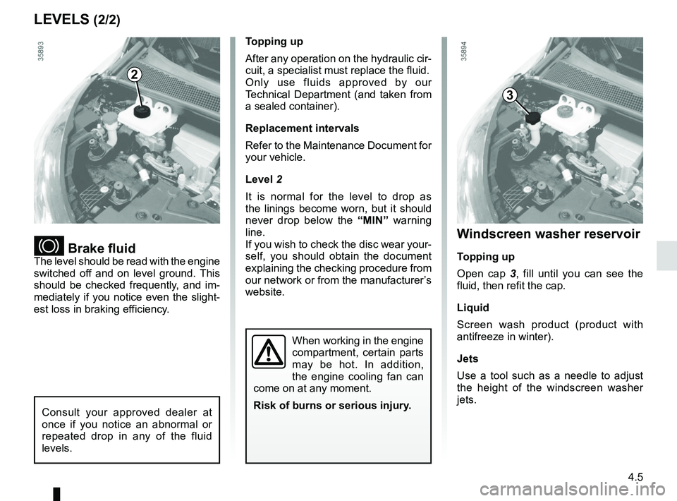RENAULT ZOE 2018  Owners Manual 4.5
Windscreen washer reservoir
Topping up
Open cap 3, fill until you can see the 
fluid, then refit the cap.
Liquid
Screen wash product (product with 
antifreeze in winter).
Jets
Use a tool such as a