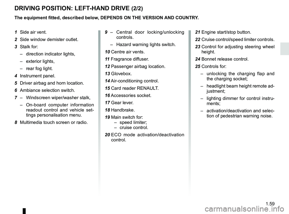 RENAULT ZOE 2018  Owners Manual 1.59
DRIVING POSITION: LEFT-HAND DRIVE (2/2)
The equipment fitted, described below, DEPENDS ON THE VERSION AND COUNTRY.
1 Side air vent.
2  Side window demister outlet.
3 Stalk for:
–  direction ind