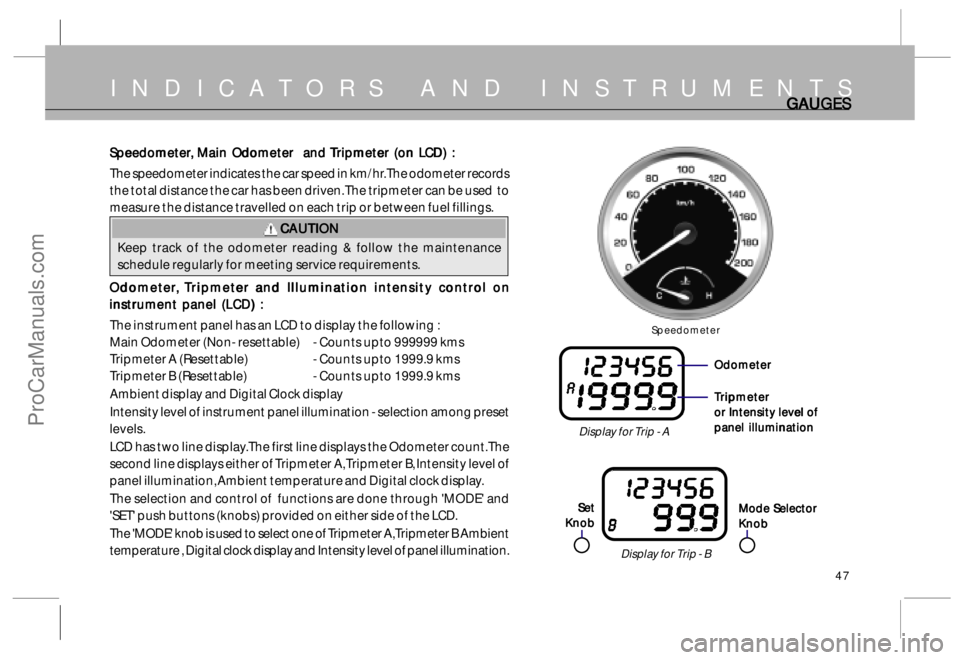 TATA SAFARI 2015  Owners Manual 47
INDICATORS AND INSTRUMENTSGA GAGA GA
GA
UGES UGESUGES UGES
UGES
Speedometer
Display for Trip - B
Mode Selector Mode SelectorMode Selector Mode Selector
Mode Selector
Knob KnobKnob Knob
Knob
Display