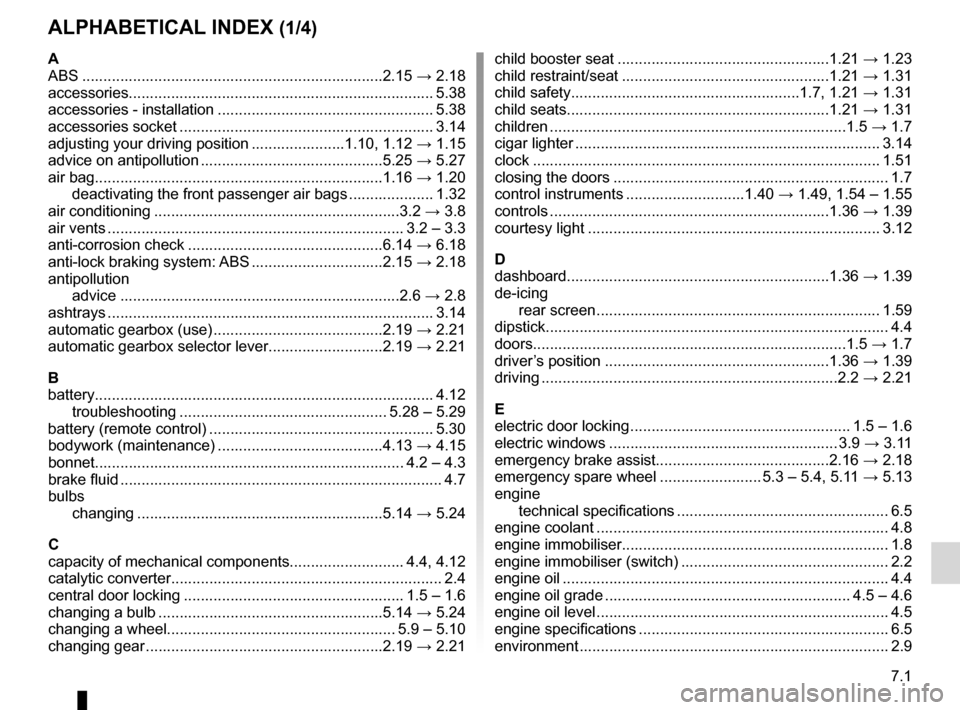 DACIA DUSTER 2010 1.G Owners Manual 7.1
FRA_UD25066_7
Index (H79 - Dacia)
ENG_NU_898-5_H79_Dacia_7
AlphAbeticAl index (1/4)
A
ABS  ....................................................................... 2.15 → 2.18
accessories......