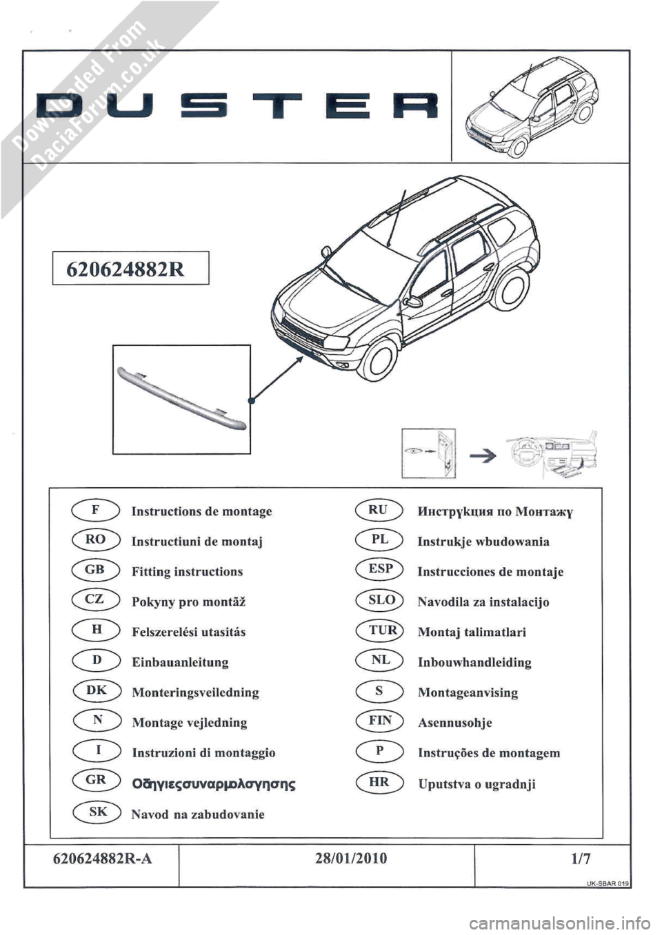 DACIA DUSTER 2010 1.G Front Styling Bar Fitting Guide Workshop Manual 
