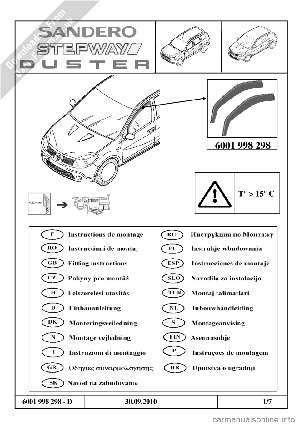 DACIA DUSTER 2010 1.G Wind Deflectors Fitting Guide Workshop Manual 