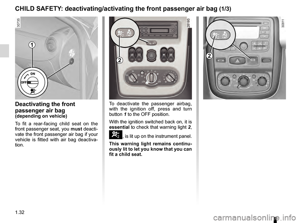DACIA DUSTER 2012 1.G Owners Manual air bagdeactivating the front passenger air bags  ........ (current page)
front passenger air bag deactivation  ..................... (current page)
1.32
ENG_UD24342_3
Sécurité enfants : désactivat