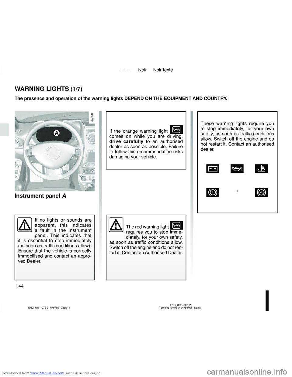 DACIA DUSTER 2019  Owners Manual Downloaded from www.Manualslib.com manuals search engine JauneNoir Noir texte
1.44
ENG_UD34962_2
Témoins lumineux (H79 Ph2 - Dacia)
ENG_NU_1079-3_H79Ph2_Dacia_1
Instrument panel A
WARNING LIGHTS (1/7