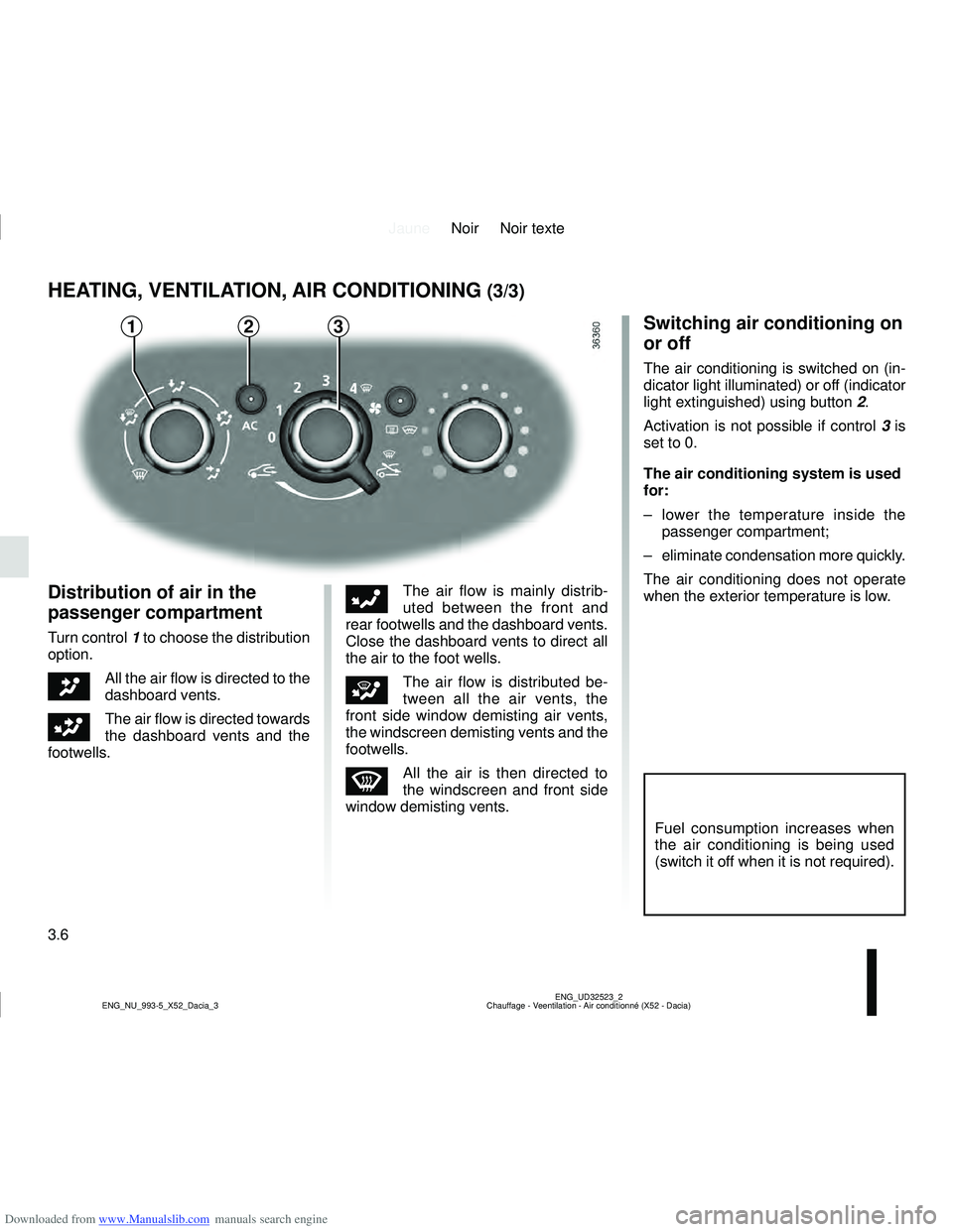 DACIA SANDERO 2011  Owners Manual Downloaded from www.Manualslib.com manuals search engine JauneNoir Noir texte
3.6
ENG_UD32523_2
Chauffage - Veentilation - Air conditionné (X52 - Dacia)
ENG_NU_993-5_X52_Dacia_3
HEATING, VENTILATION,