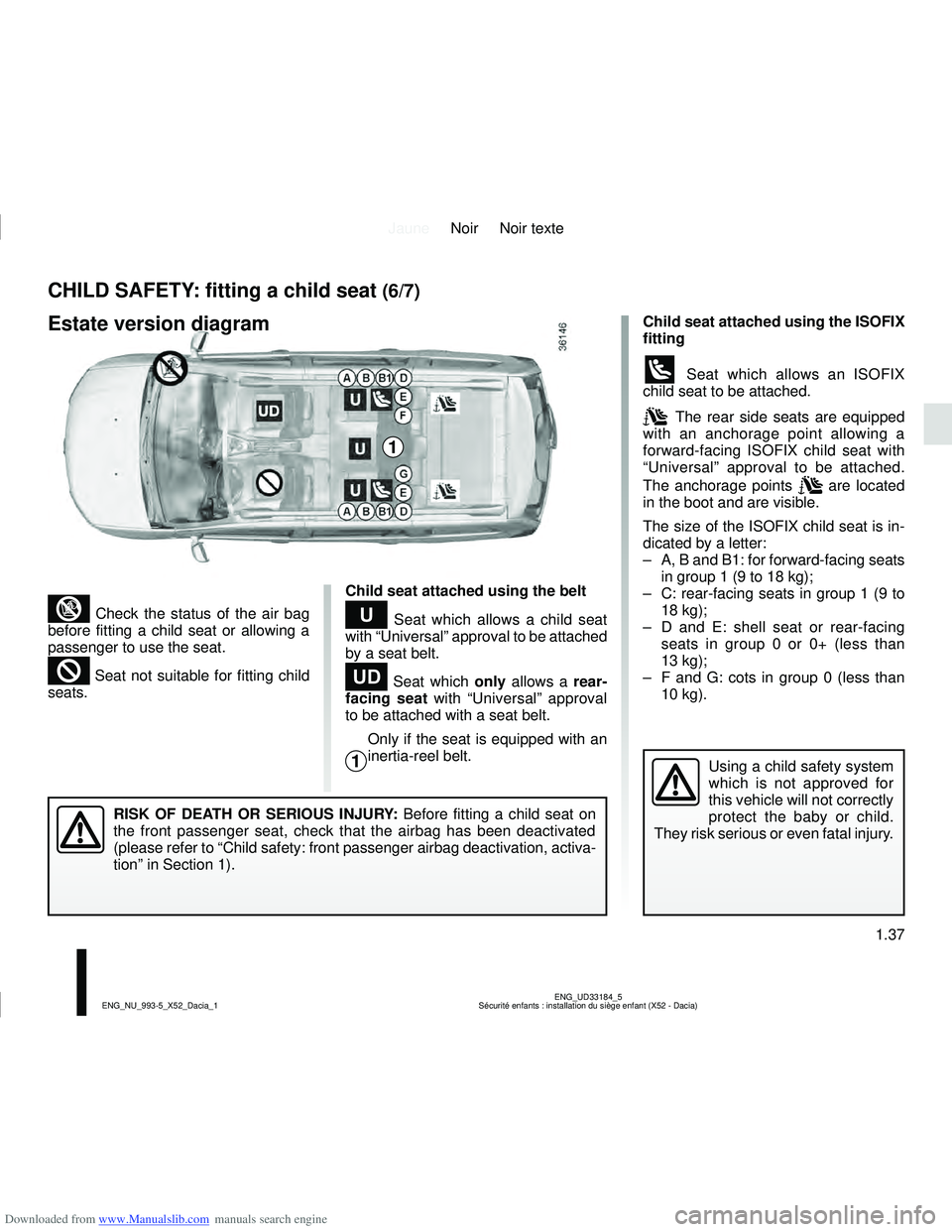 DACIA SANDERO 2014  Owners Manual Downloaded from www.Manualslib.com manuals search engine JauneNoir Noir texte
1.37
ENG_UD33184_5
Sécurité enfants : installation du siège enfant (X52 - Dacia)\
ENG_NU_993-5_X52_Dacia_1
³ Check th