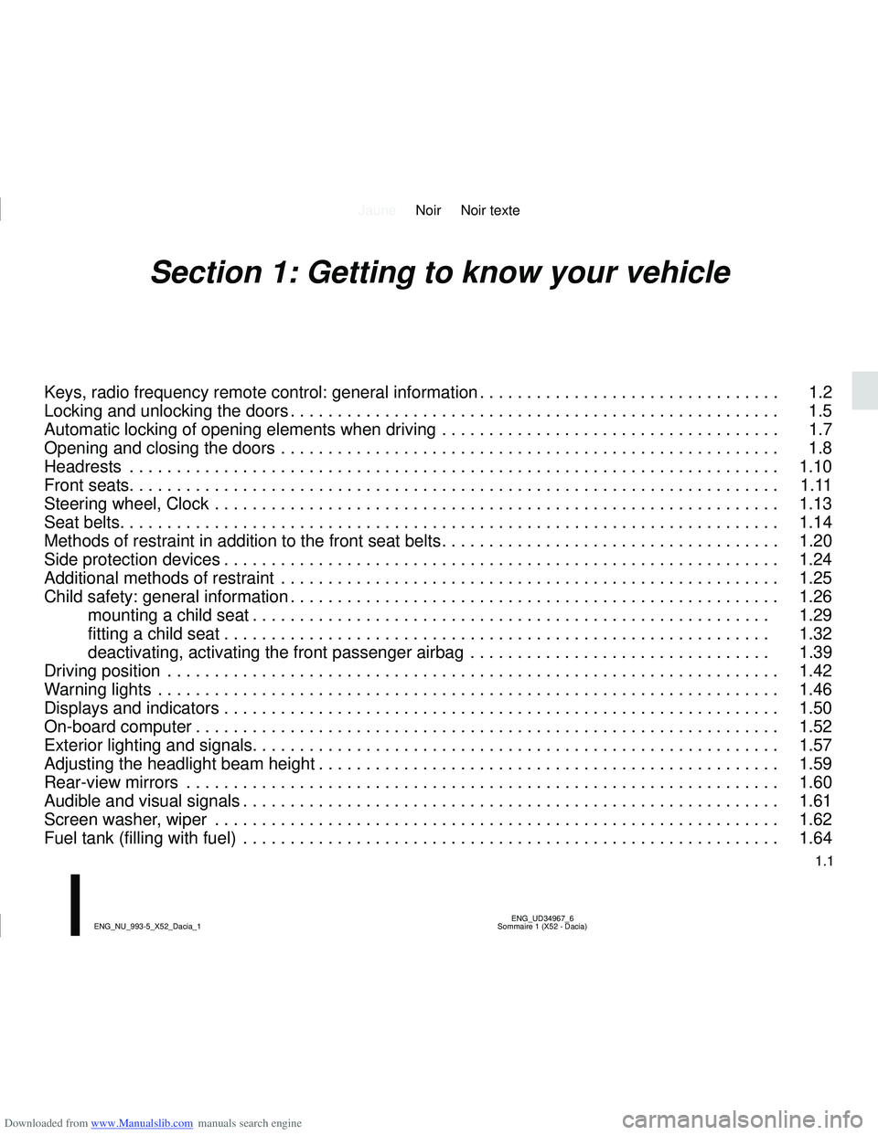 DACIA SANDERO 2020  Owners Manual Downloaded from www.Manualslib.com manuals search engine JauneNoir Noir texte
1.1
ENG_UD34967_6
Sommaire 1 (X52 - Dacia)
ENG_NU_993-5_X52_Dacia_1
Section 1: Getting to know your vehicle
Keys, radio fr
