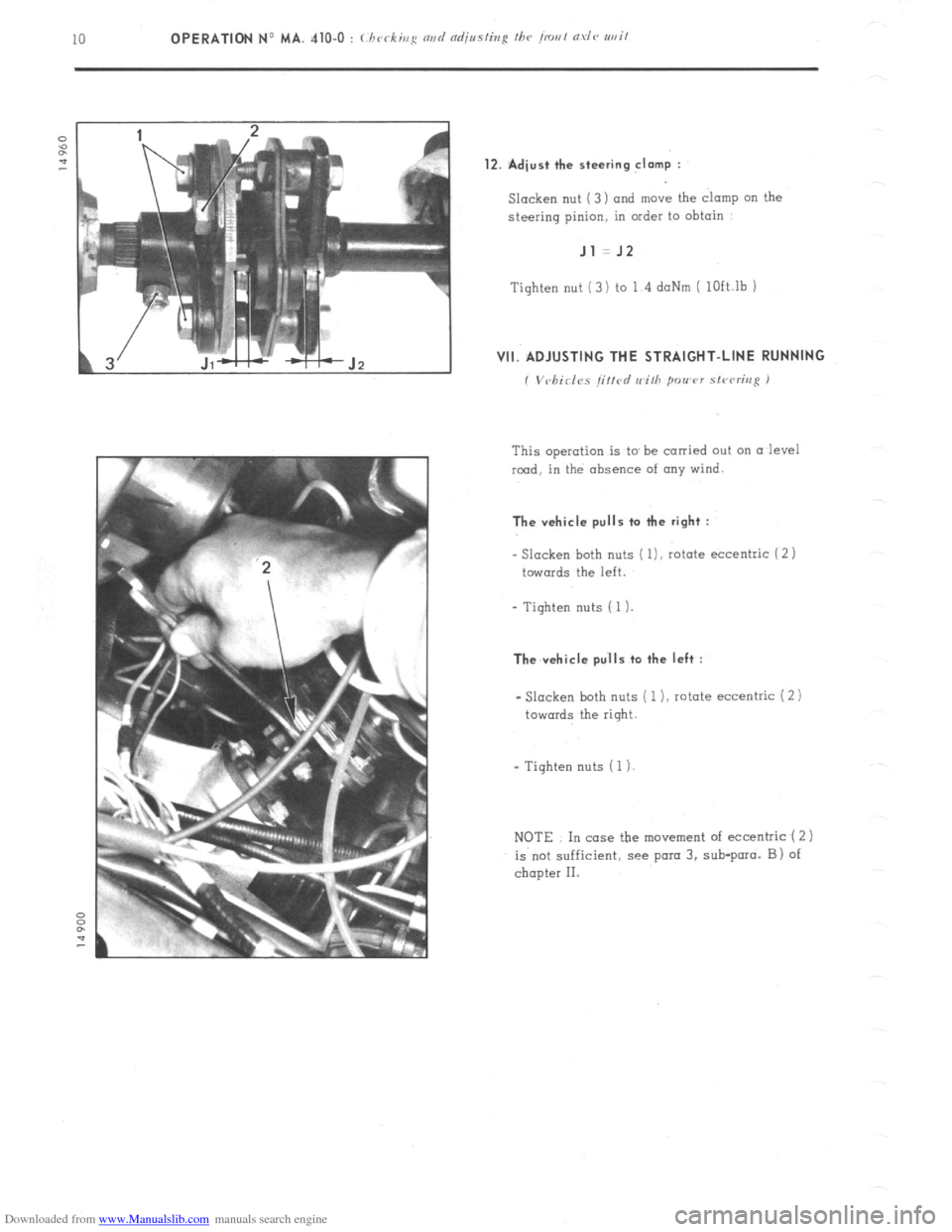 Citroen CX 1974 1.G Workshop Manual Downloaded from www.Manualslib.com manuals search engine 12. Adiust the steering clamp : 
Slacken nut ( 3 ) and move the clamp on the 
steering pinion. in order to obtain Jl =J2 
Tighten nut (3) to 1 