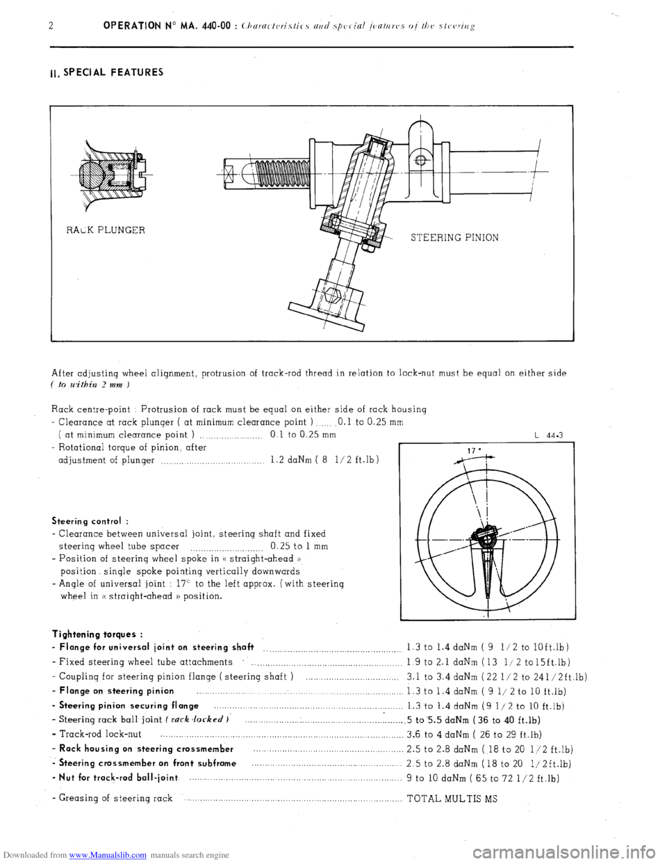 Citroen CX 1983 1.G Workshop Manual Downloaded from www.Manualslib.com manuals search engine ll, SPECIAL FEATURES 
STEERING PINION 
After adjusting wheel alignment, protrusion of track-rod thread in relation to lock-nut must be equal on