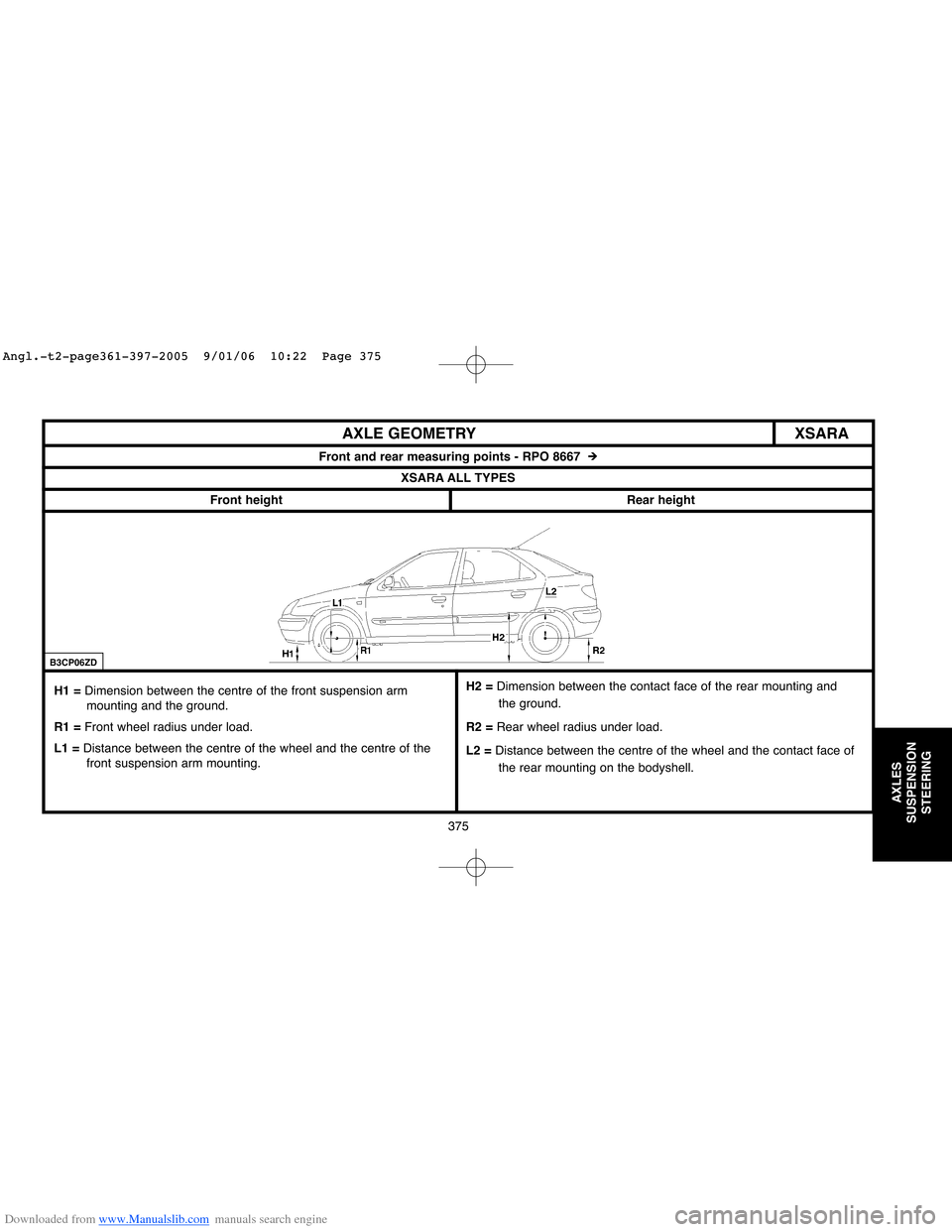 Citroen BERLINGO 2005 1.G Workshop Manual Downloaded from www.Manualslib.com manuals search engine 375
AXLES
SUSPENSION
STEERING
XSARA AXLE GEOMETRY
Front and rear measuring points - RPO 8667  #
XSARA ALL TYPES
Front height
Rear height
H1 = D