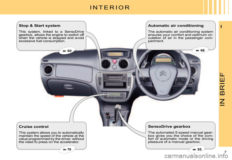 Citroen C2 2007.5 1.G Owners Manual IN BRIEF
7 
IStop & Start system 
This  system,  linked  to  a  SensoDrive gearbox, allows the engine to switch off when  the  vehicle  is  stopped  and  avoid excessive fuel consumption.
Cruise contr