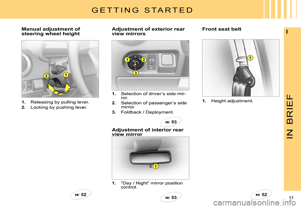 Citroen C3 DAG 2007.5 1.G Owners Manual 1
3
2
1
21
1
IN
BRIEF
11 
I
1.  Releasing by pulling lever.
2.  Locking by pushing lever.
Manual adjustment of  
steering wheel heightAdjustment of exterior rear 
view mirrors
1.  Selection of driver�