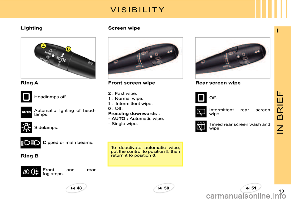 Citroen C3 DAG 2007.5 1.G Owners Manual AB
IN
BRIEF
13 
ILighting
Ring A
Ring B
Front  and  rear foglamps.
Headlamps off.
Automatic  lighting  of  head-lamps.
Sidelamps.
Dipped or main beams.
Front screen wipe
Screen wipe
Rear screen wipe
2