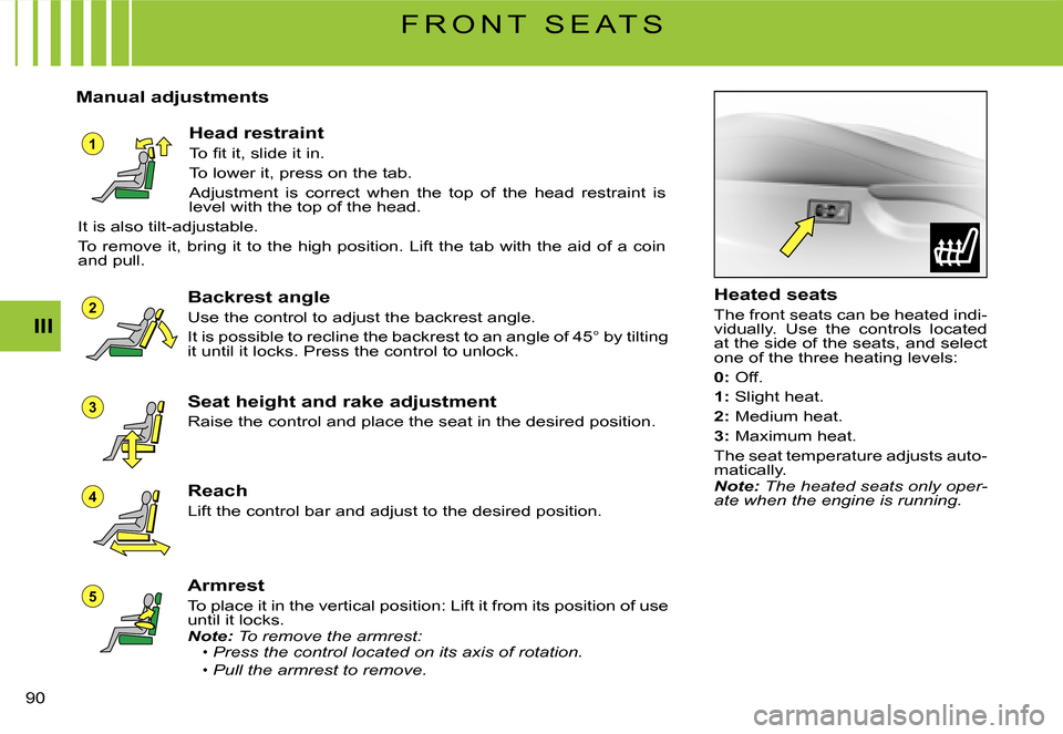 Citroen C3 2007.5 1.G Owners Manual 1
5
4
3
2
III
�9�0� 
F R O N T   S E A T S
Manual adjustments
Head restraint
�T�o� �ﬁ� �t� �i�t�,� �s�l�i�d�e� �i�t� �i�n�.
To lower it, press on the tab.
Adjustment  is  correct  when  the  top  of