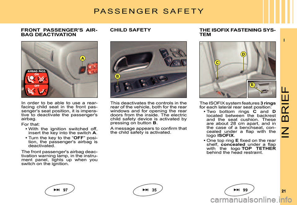 Citroen C6 DAG 2007 1.G Owners Manual II
2121
D
C
E
B
A
IN BRIEF
FRONT  PASSENGERS  AIR-BAG DEACTIVATIONCHILD SAFETYTHE ISOFIX FASTENING SYS-TEM
In  order  to  be  able  to  use  a  rear-facing  child  seat  in  the  front  pas-sengers 