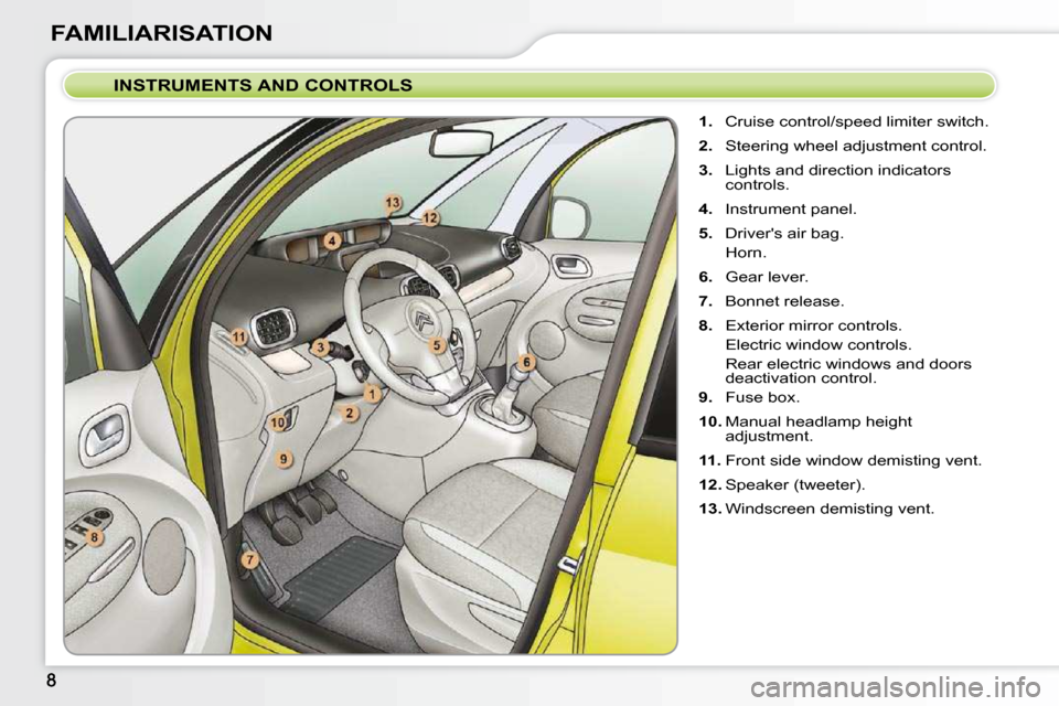 Citroen C3 PICASSO DAG 2008.5 1.G Owners Manual FAMILIARISATION  INSTRUMENTS AND CONTROLS     
1. � �  �C�r�u�i�s�e� �c�o�n�t�r�o�l�/�s�p�e�e�d� �l�i�m�i�t�e�r� �s�w�i�t�c�h�.� 
  
2. � �  �S�t�e�e�r�i�n�g� �w�h�e�e�l� �a�d�j�u�s�t�m�e�n�t� �c�o�n�