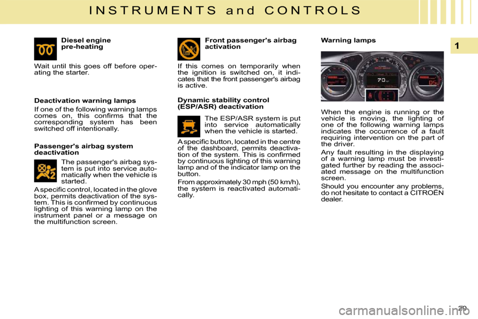 Citroen C5 2008.5 (RD/TD) / 2.G Owners Manual 29 
1
I N S T R U M E N T S   a n d   C O N T R O L S
   Deactivation warning lamps  
 If one of the following warning lamps  
�c�o�m�e�s�  �o�n�,�  �t�h�i�s�  �c�o�n�ﬁ� �r�m�s�  �t�h�a�t�  �t�h�e� 