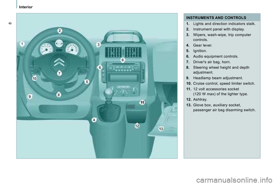 Citroen JUMPY MULTISPACE DAG 2008.5 2.G Owners Manual Interior
8
   INSTRUMENTS AND CONTROLS  
   
1.    Lights and direction indicators stalk. 
  
2.    Instrument panel with display. 
  
3.    Wipers, wash-wipe, trip computer 
controls. 
  
4.    Gear 
