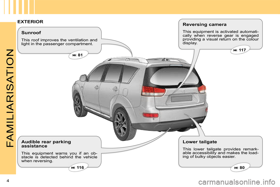 Citroen C CROSSER 2008 1.G Owners Manual 4 
FAMILIARISATION
  Sunroof  
 This roof improves the ventilation and  
light in the passenger compartment.    
�   81   
   
�   80   
   
�   116   
 EXTERIOR 
  Audible rear parking  
ass