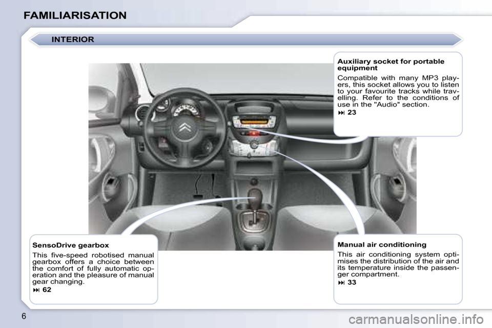 Citroen C1 DAG 2008 1.G Owners Manual 6
FAMILIARISATION  Manual air conditioning  
 This  air  conditioning  system  opti- 
mises the distribution of the air and 
its  temperature  inside  the  passen-
ger compartment.  
   
�   33   
