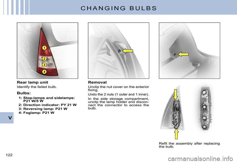 Citroen C3 2008 1.G Owners Manual 4
3
1
2
122 
V
Rear lamp unit
Identify the failed bulb.
Bulbs:
1:  Stop-lamps and sidelamps: P21 W/5 W2: Direction indicator: PY 21 W3: Reversing lamp: P21 W4: Foglamp: P21 W
Removal
Unclip the nut co