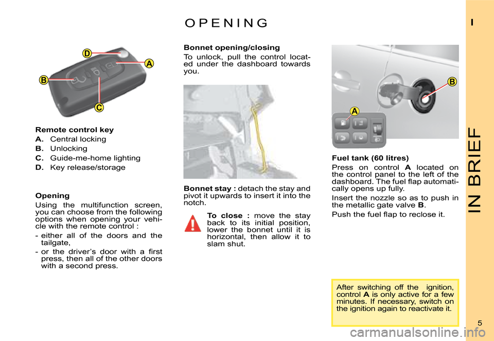 Citroen C4 PICASSO 2008 1.G Owners Manual A
B
C
D
B
A
IN BRIEF
I
5
O P E N I N G 
Remote control key 
A.  Central locking 
B.  Unlocking
C.  Guide-me-home lighting 
D.  Key release/storage 
Fuel tank (60 litres)
Press  on  control A  located 