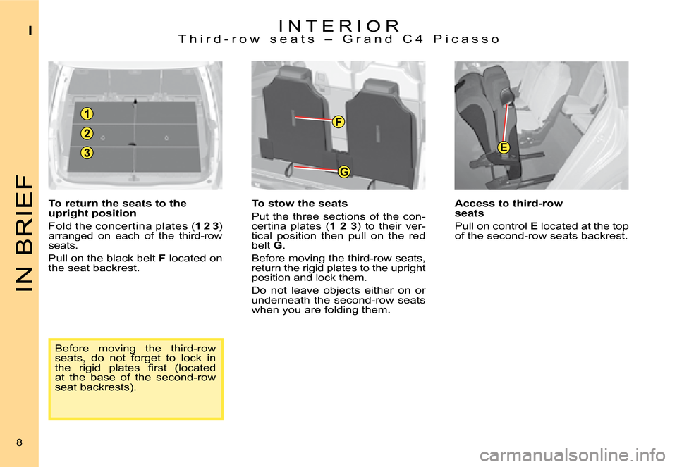 Citroen C4 PICASSO 2008 1.G Owners Manual 1
2
3
G
F
E
IN BRIEF
I
8
I N T E R I O RT h i r d - r o w   s e a t s   –   G r a n d   C 4   P i c a s s o 
To return the seats to the upright position 
Fold the concertina plates (1 2 3) arranged 