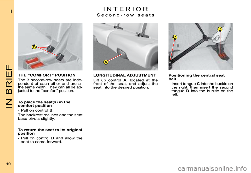 Citroen C4 PICASSO 2008 1.G Owners Manual B
A
C
D
IN BRIEF
I
10
I N T E R I O R
S e c o n d - r o w   s e a t s
THE “COMFORT” POSITION 
The  3  second-row  seats  are  inde-pendent  of  each  other  and  are  all the same width. They can 