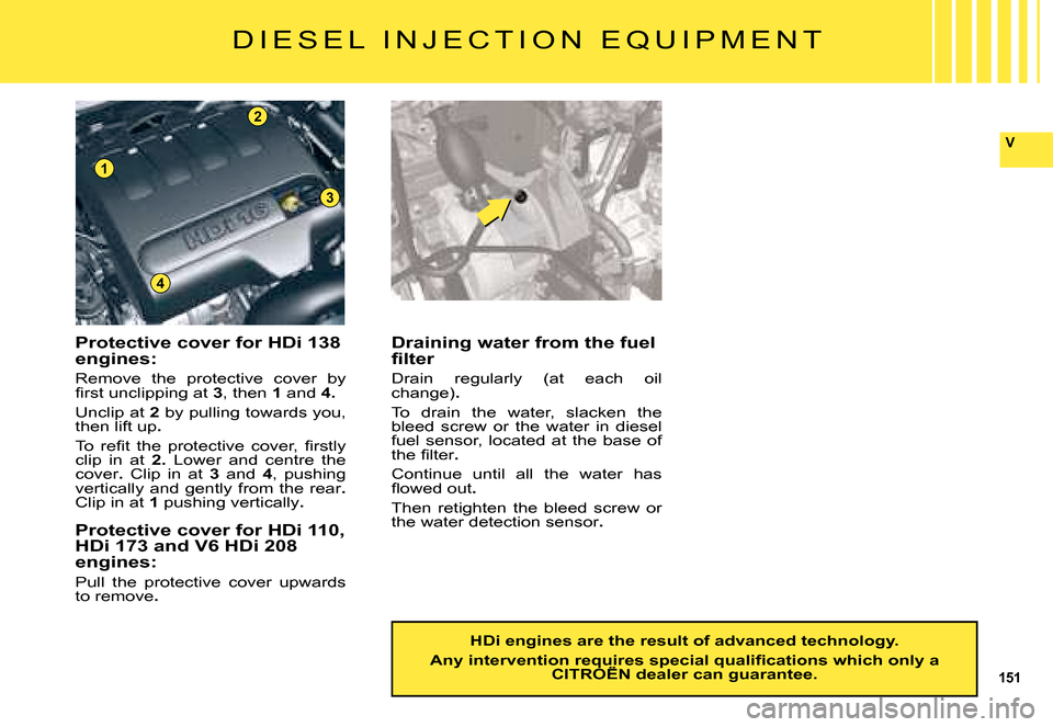 Citroen C5 2008 (RD/TD) / 2.G Owners Manual 151
V
1
2
4
3
D I E S E L   I N J E C T I O N   E Q U I P M E N T
Protective cover for HDi 138 engines:
Remove  the  protective  cover  by �ﬁ� �r�s�t� �u�n�c�l�i�p�p�i�n�g� �a�t� 3, then 1 and 4.
Un