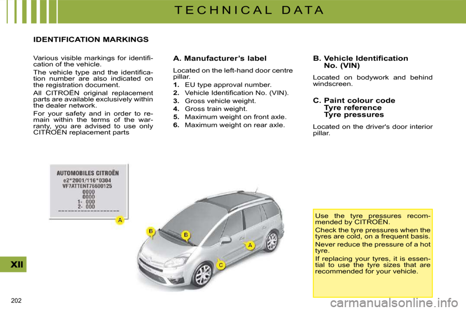 Citroen C4 PICASSO DAG 2009 1.G Owners Manual 202 
T E C H N I C A L   D A T A
                 IDENTIFICATION MARKINGS 
� �V�a�r�i�o�u�s�  �v�i�s�i�b�l�e�  �m�a�r�k�i�n�g�s�  �f�o�r�  �i�d�e�n�t�i�ﬁ� �- 
cation of the vehicle.  
� �T�h�e�  �v�