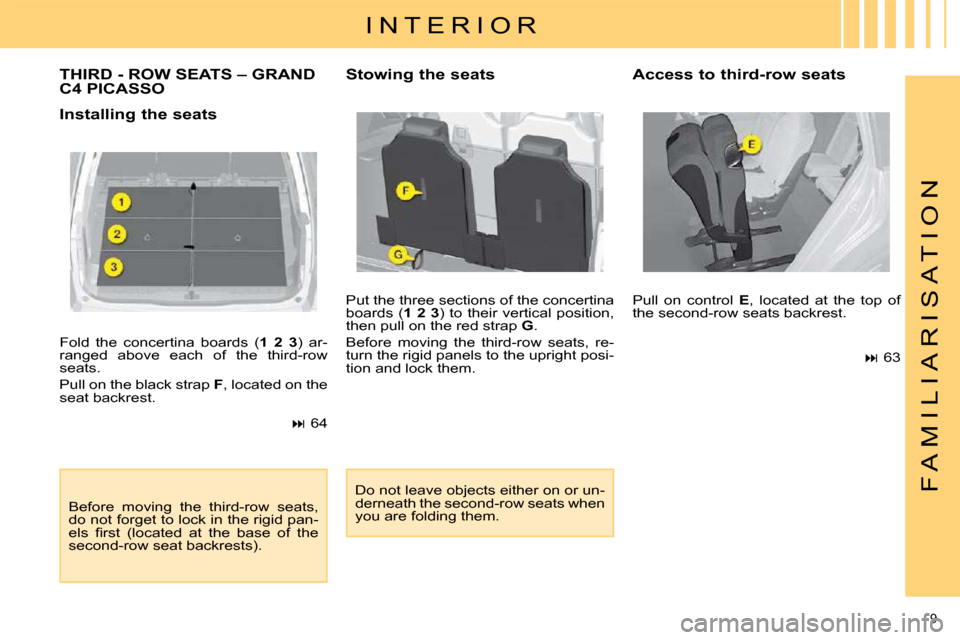 Citroen C4 PICASSO DAG 2009 1.G Owners Manual 9 
F A M I L I A R I S A T I O N
 Fold  the  concertina  boards  ( 1  2  3 )  ar-
ranged  above  each  of  the  third-row  
seats.  
 Pull on the black strap   F , located on the 
seat backrest. 
   
