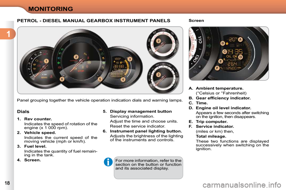 Citroen C3 2010 2.G Owners Manual 1
MONITORING
 Panel grouping together the vehicle operation indication  dials and warning lamps. 
PETROL - DIESEL MANUAL GEARBOX INSTRUMENT PANELS 
  
5.     Display management button    
  Servicing 