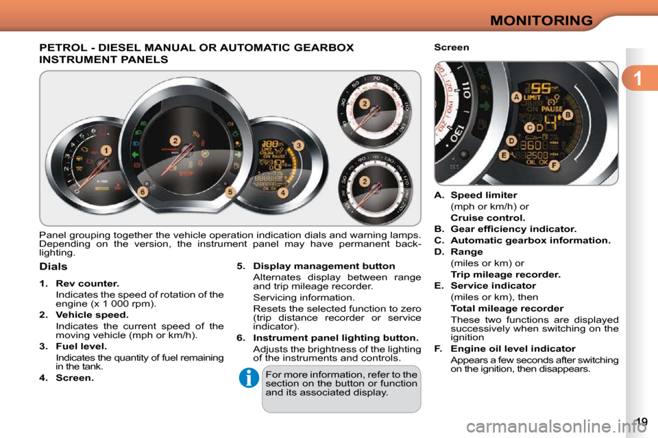 Citroen C3 2010 2.G Owners Manual 1
MONITORING
PETROL - DIESEL MANUAL OR AUTOMATIC GEARBOX 
INSTRUMENT PANELS 
 Panel grouping together the vehicle operation indication dials and warning lamps. 
Depending  on  the  version,  the  inst