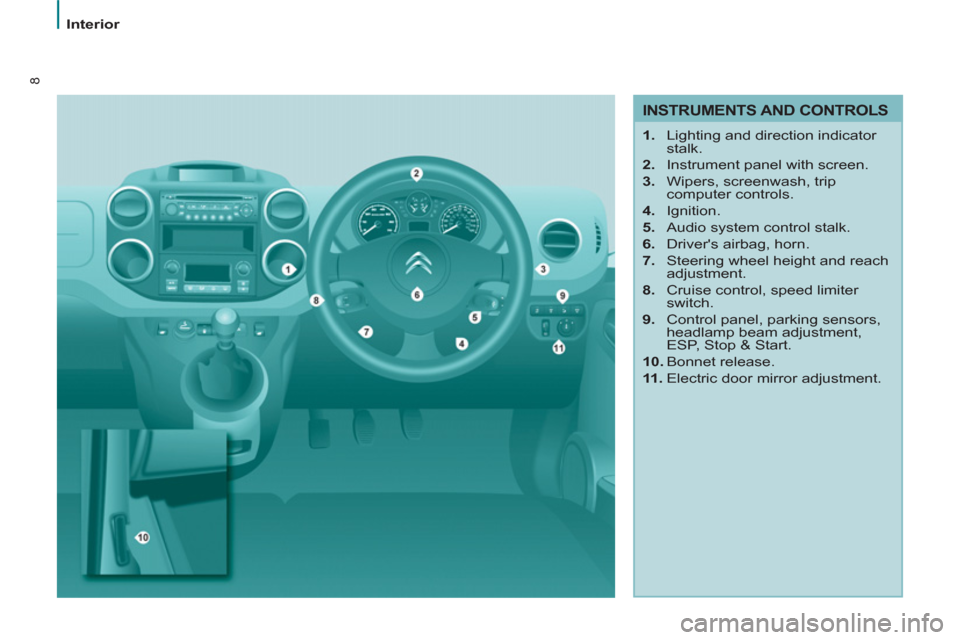 Citroen BERLINGO MULTISPACE RHD 2012 2.G Owners Manual 8
Interior
   
INSTRUMENTS AND CONTROLS 
 
 
 
1. 
  Lighting and direction indicator 
stalk. 
   
2. 
  Instrument panel with screen. 
   
3. 
  Wipers, screenwash, trip 
computer controls. 
   
4. 
