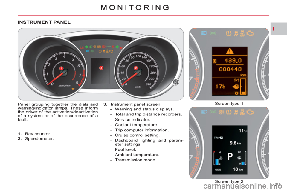 Citroen C CROSSER 2012 1.G Owners Manual I
21 
INSTRUMENT PANEL
  Panel grouping together the dials and 
warning/indicator lamps. These inform 
the driver of the activation/deactivation 
of a system or of the occurrence of a 
fault.    
3. 
