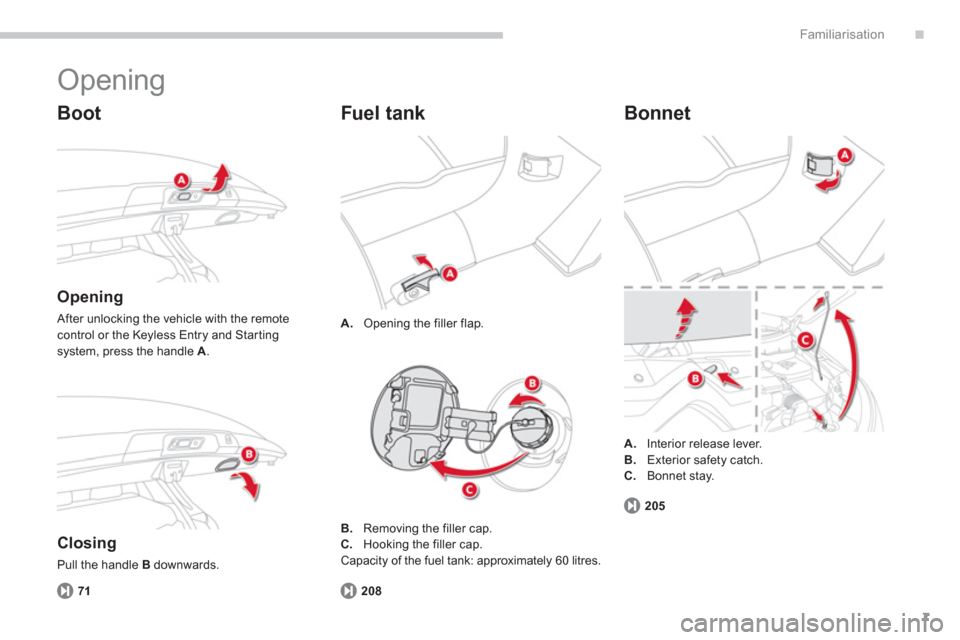 Citroen C4 AIRCROSS 2012 1.G Owners Manual .
7
Familiarisation
  Opening 
 
 
Boot 
 
 
Opening 
 After unlocking the vehicle with the remotecontrol or the Keyless Entry and Star ting system, press the handle  A.
 
 
Closing
 
Pull the handle 