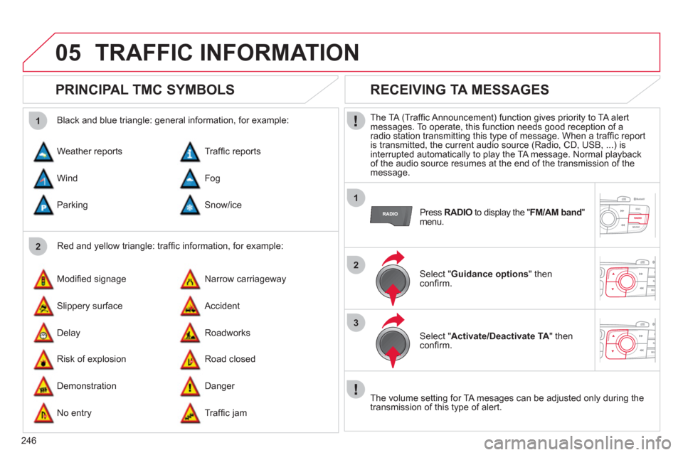 Citroen C4 RHD 2012 2.G Owners Manual 246
05
2 1
1
2
3
TRAFFIC INFORMATION
   
 
 
 
 
 
PRINCIPAL TMC SYMBOLS 
 
 
Red and yellow triangle: trafﬁ c information, for example:     
Black and blue triangle: general information, for exampl