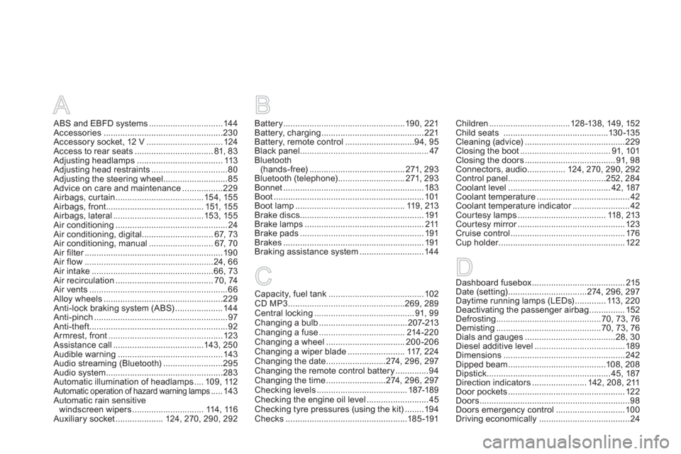 Citroen DS3 2012 1.G Owners Manual A
ABS and EBFD systems...............................144Accessories ..................................................230Accessory socket, 12 V ................................124Access to rear seats.