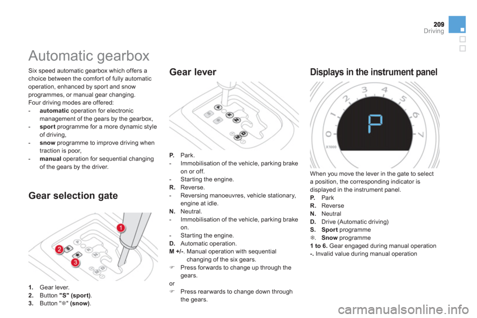 Citroen DS4 2012 1.G Owners Manual Driving
   
 
 
 
 
 
 
 
 
 
 
 
 
 
Automatic gearbox 
 
 
Gear selection gate
 Six speed automatic gearbox which offers a 
choice between the comfor t of fully automatic 
operation, enhanced by spo