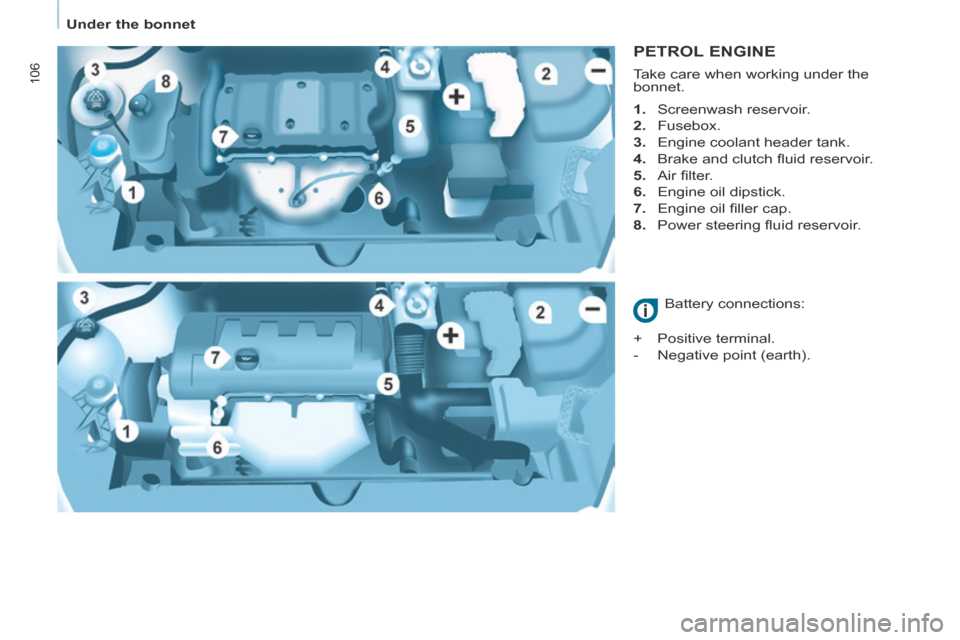 Citroen BERLINGO 2013.5 2.G Owners Manual    Under  the  bonnet   
106
  PETROL  ENGINE 
    1.   Screenwash  reservoir. 
  2.   Fusebox. 
  3.   Engine coolant header tank. 
  4.   Brake and clutch ﬂ uid reservoir. 
  5.   Air ﬁ lter. 
 